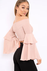 Rose Shirred Bardot Crop Top with Ruffle Sleeves - Dee-Tops