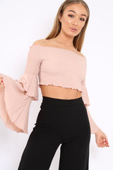 Rose Shirred Bardot Crop Top with Ruffle Sleeves - Dee-Tops