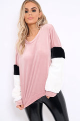 Rose Soft Fur Jumper with Contrast Sleeves - Erla-Jumper