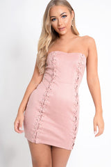 Rose Suede Lace Up Front Bandeau Mini Dress - Lily-Dresses