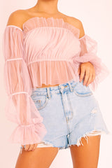 Rose Tulle Mesh Bardot Crop Top - Gemini-Crop Tops