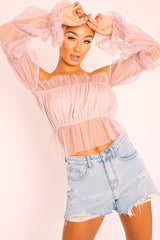 Rose Tulle Mesh Bardot Crop Top - Gemini-Crop Tops