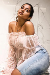 Rose Tulle Mesh Bardot Crop Top - Gemini-Crop Tops