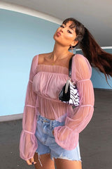 Rose Tulle Mesh Bardot Crop Top - Gemini-Crop Tops