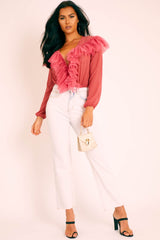 Rose Tulle Ruffle Plunge Bodysuit - Jolie-Bodysuits