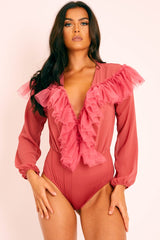 Rose Tulle Ruffle Plunge Bodysuit - Jolie-Bodysuits