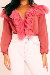 Rose Tulle Ruffle Plunge Bodysuit - Jolie-Bodysuits