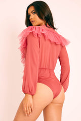 Rose Tulle Ruffle Plunge Bodysuit - Jolie-Bodysuits