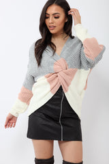 Rose White and Grey Knot Knit Jumper - Kerri-Jumper