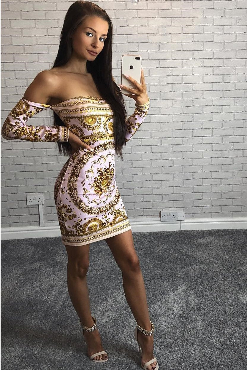 Rose and Gold Print Bardot Dress - Kacee-Dresses