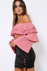 Rose extreme Layered Frill Bardot Crop Top - Nevaeh-Crop Tops