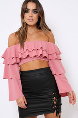 Rose extreme Layered Frill Bardot Crop Top - Nevaeh-Crop Tops
