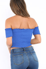 Royal Blue Bardot Frill Shirred Crop Top - Kailah-Crop Tops