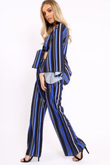 Royal Blue, Black and White Striped High Waist Flare Trousers - Jen-Co-ords