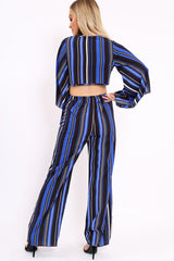 Royal Blue, Black and White Striped High Waist Flare Trousers - Jen-Co-ords