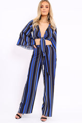 Royal Blue, Black and White Striped High Waist Flare Trousers - Jen-Co-ords