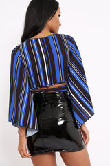 Royal Blue Black and White Striped Wrap Tie Crop Blouse - Shannon-Tops