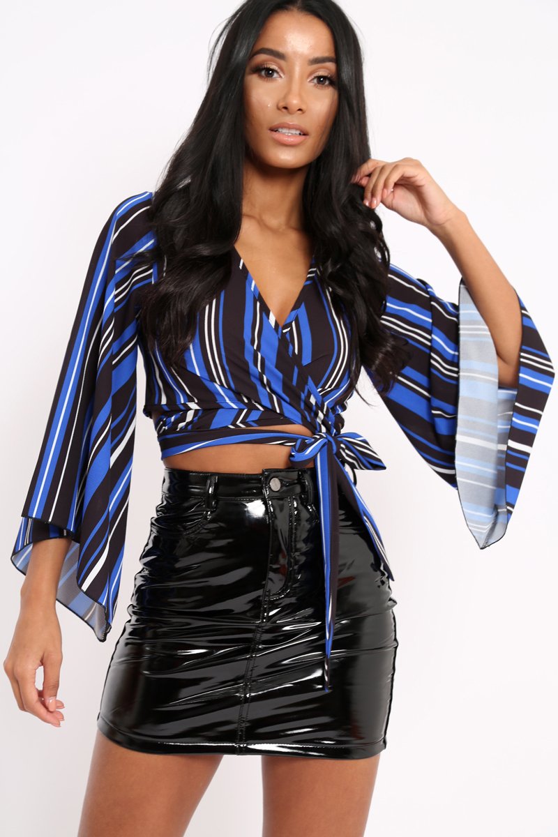 Royal Blue Black and White Striped Wrap Tie Crop Blouse - Shannon-Tops