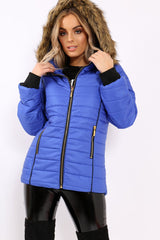 Royal Blue Padded Coat with Fur Hood - Francesca-Coats