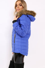 Royal Blue Padded Coat with Fur Hood - Francesca-Coats