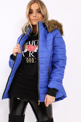 Royal Blue Padded Coat with Fur Hood - Francesca-Coats