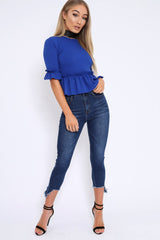 Royal Blue Peplum Frill Detail Top with Frill Sleeves - Gretta-Tops