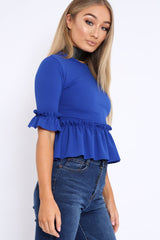 Royal Blue Peplum Frill Detail Top with Frill Sleeves - Gretta-Tops