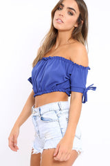 Royal Blue Ruched Bardot Gypsy Crop Top - Janette-Crop Tops
