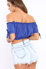 Royal Blue Ruched Bardot Gypsy Crop Top - Janette-Crop Tops