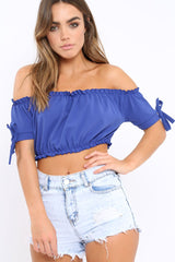 Royal Blue Ruched Bardot Gypsy Crop Top - Janette-Crop Tops