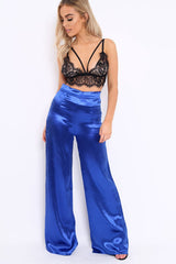 Royal Blue Satin High Waist Flare Trousers -Tisha-Trousers