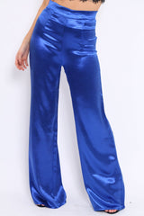 Royal Blue Satin High Waist Flare Trousers -Tisha-Trousers
