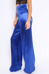 Royal Blue Satin High Waist Flare Trousers -Tisha-Trousers