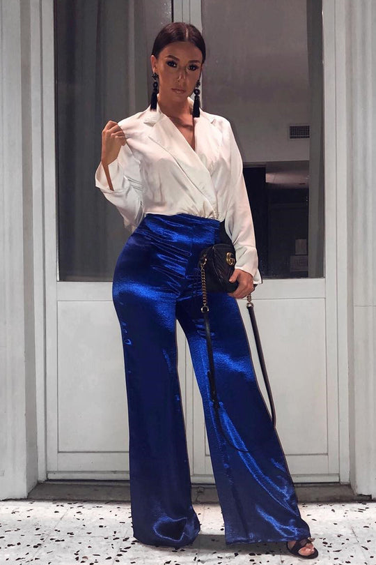 Royal Blue Satin High Waist Flare Trousers -Tisha