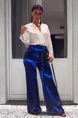 Royal Blue Satin High Waist Flare Trousers -Tisha-Trousers