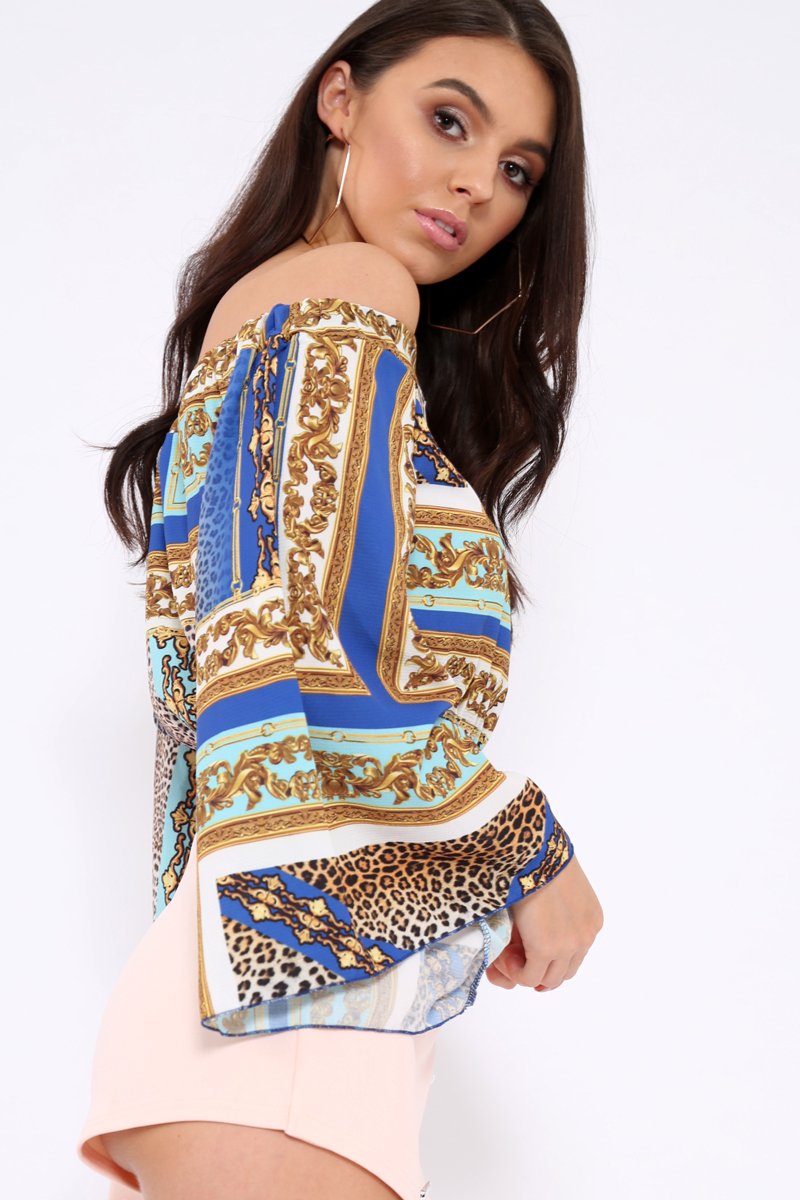 Royal Blue Scarf Print Bardot Top with Flare Sleeves - Skyla-Crop Tops