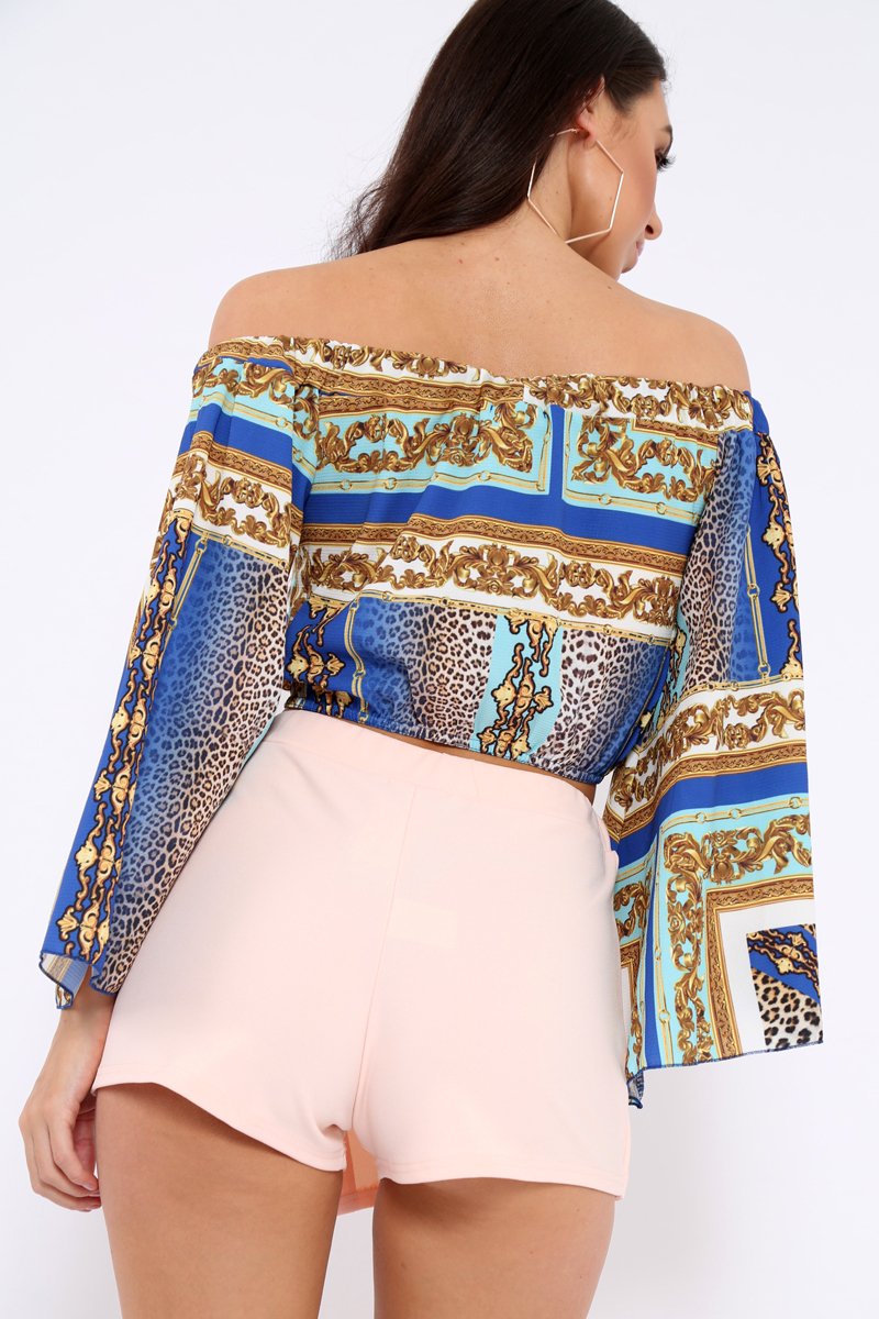 Royal Blue Scarf Print Bardot Top with Flare Sleeves - Skyla-Crop Tops