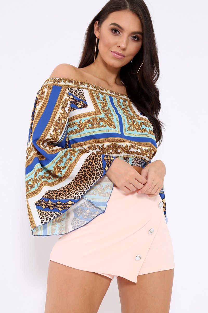 Royal Blue Scarf Print Bardot Top with Flare Sleeves - Skyla-Crop Tops