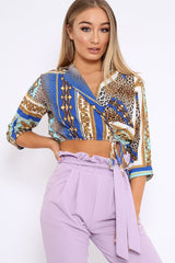 Royal Blue Scarf Print Plunge Crop Top - Dorie-Tops