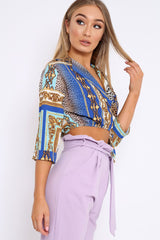 Royal Blue Scarf Print Plunge Crop Top - Dorie-Tops