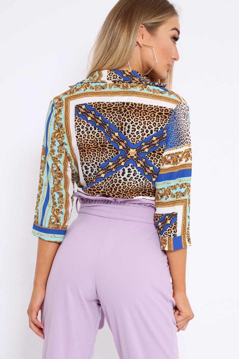 Royal Blue Scarf Print Plunge Crop Top - Dorie-Tops