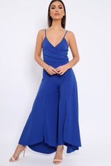 Royal Blue Split Flared Jumpsuit - Francisca-Jumpsuits