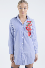 Royal Blue Striped Embroidered Oversized Shirt - Kaya-Shirts
