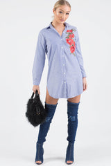 Royal Blue Striped Embroidered Oversized Shirt - Kaya-Shirts