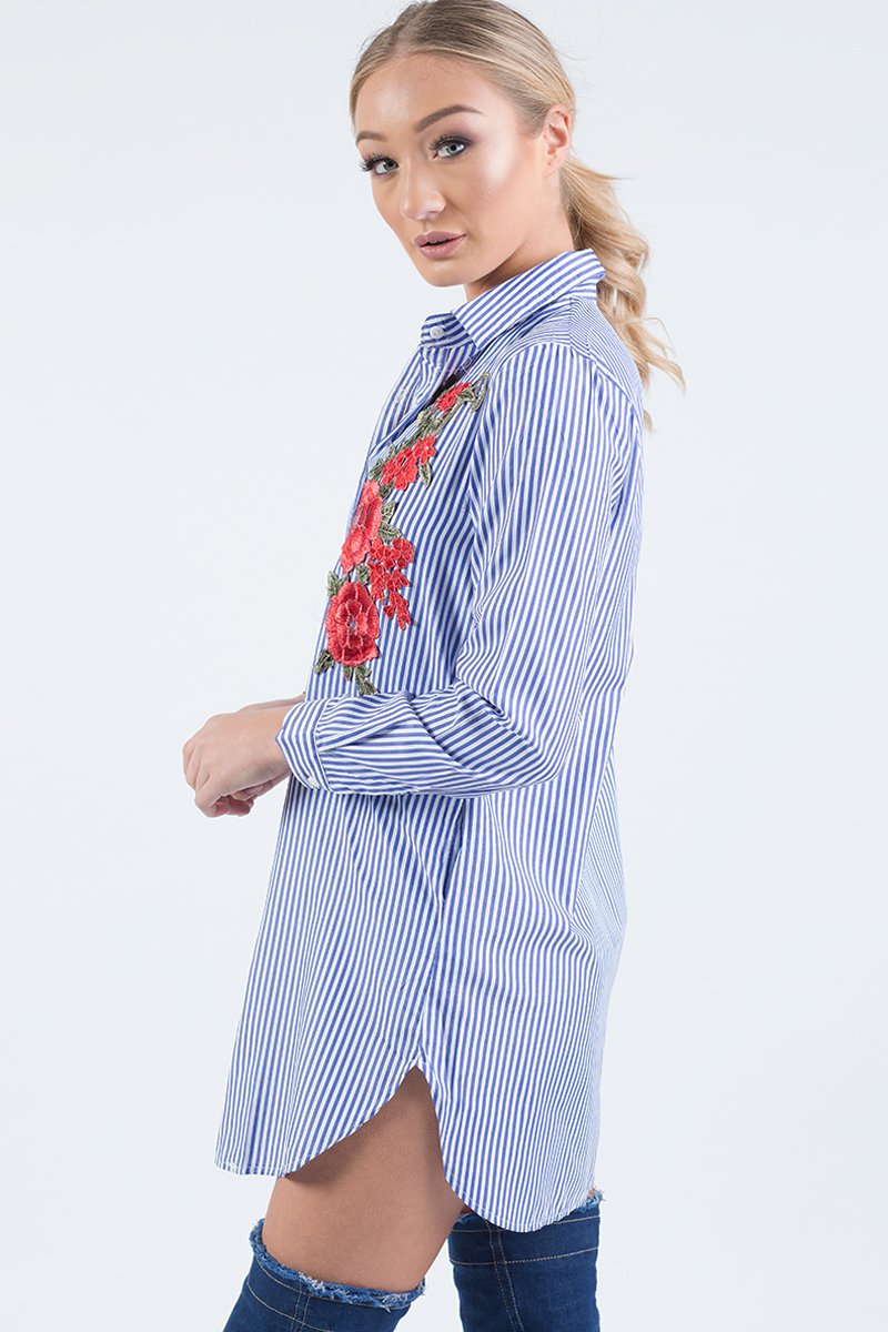 Royal Blue Striped Embroidered Oversized Shirt - Kaya-Shirts