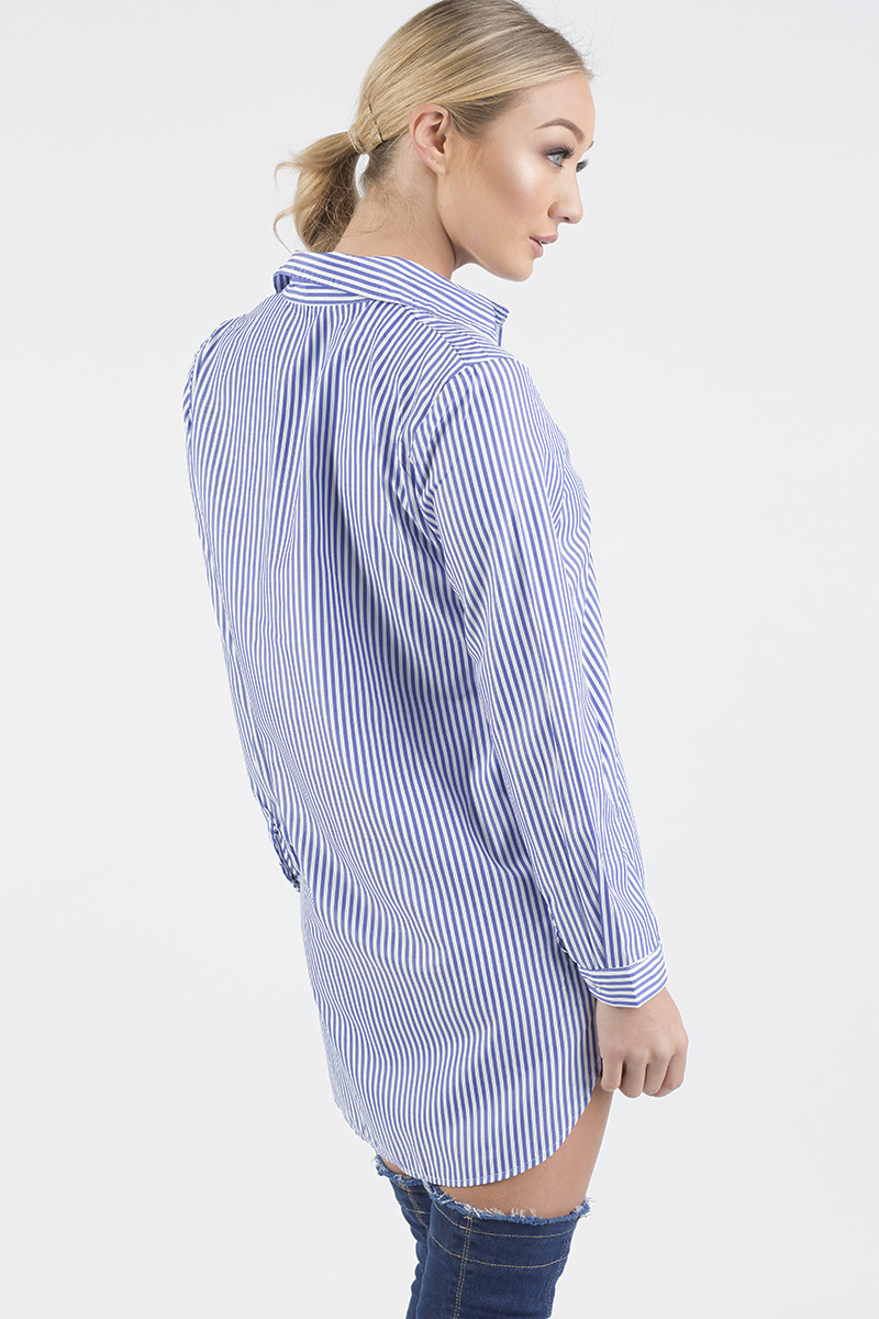 Royal Blue Striped Embroidered Oversized Shirt - Kaya-Shirts