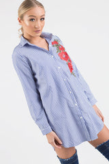 Royal Blue Striped Embroidered Oversized Shirt - Kaya-Shirts