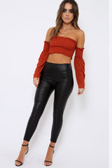 Rust Bardot Shirred Crop Top with Flared Sleeves - Shera-Crop Tops