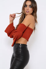Rust Bardot Shirred Crop Top with Flared Sleeves - Shera-Crop Tops