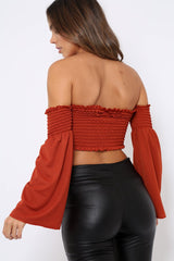 Rust Bardot Shirred Crop Top with Flared Sleeves - Shera-Crop Tops